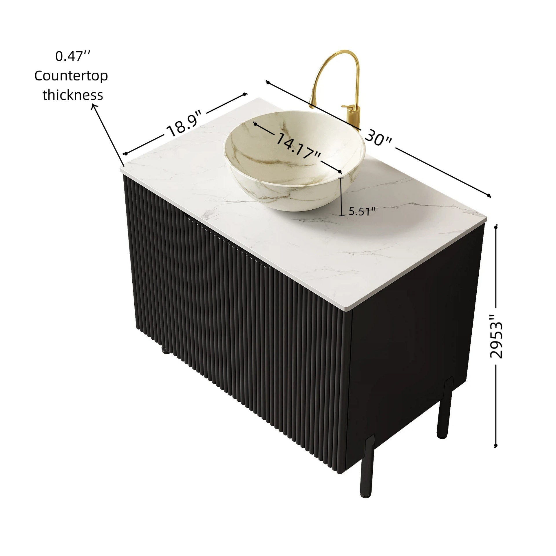 TURIO 30" Bathroom Vanity with Sink, Freestanding Bathroom Storage Cabinet with 2 Doors, White Bowl Ceramic Basin with Stone Pattern and Carrara White Sintered Stone Countertop, No Faucet, Black Color