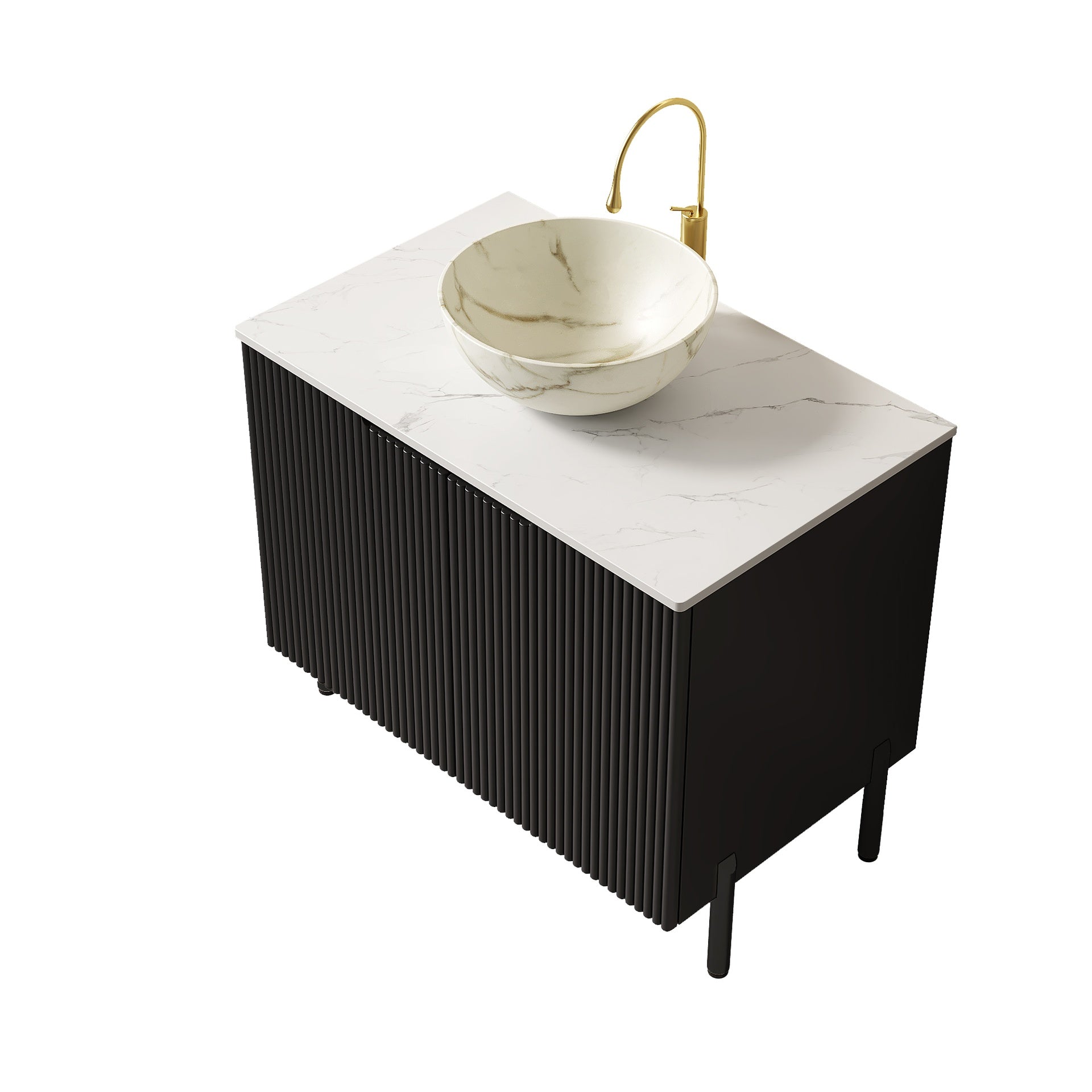 TURIO 30" Bathroom Vanity with Sink, Freestanding Bathroom Storage Cabinet with 2 Doors, White Bowl Ceramic Basin with Stone Pattern and Carrara White Sintered Stone Countertop, No Faucet, Black Color