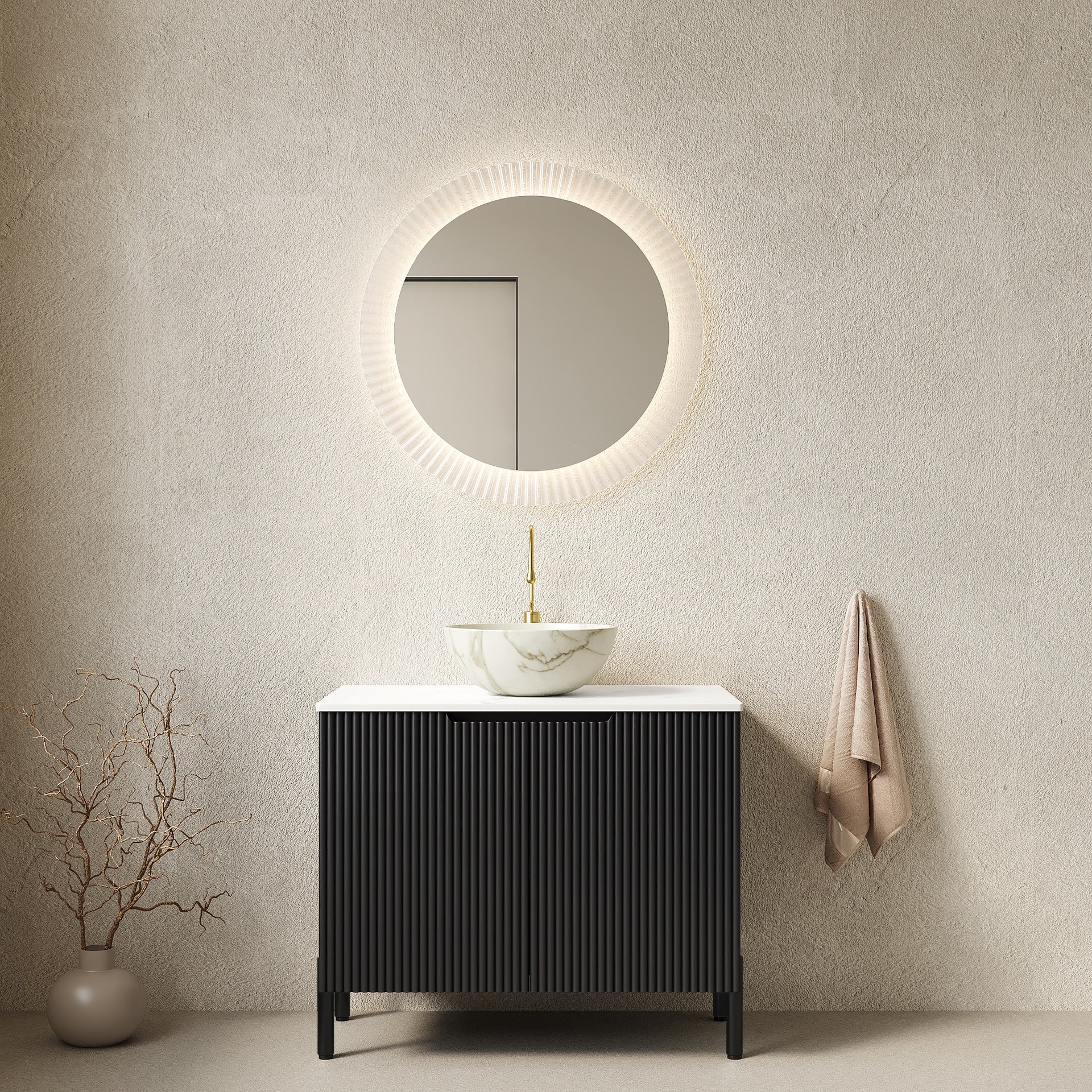 TURIO 30" Bathroom Vanity with Sink, Freestanding Bathroom Storage Cabinet with 2 Doors, White Bowl Ceramic Basin with Stone Pattern and Carrara White Sintered Stone Countertop, No Faucet, Black Color