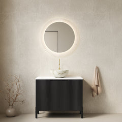 TURIO 30" Bathroom Vanity with Sink, Freestanding Bathroom Storage Cabinet with 2 Doors, White Bowl Ceramic Basin with Stone Pattern and Carrara White Sintered Stone Countertop, No Faucet, Black Color