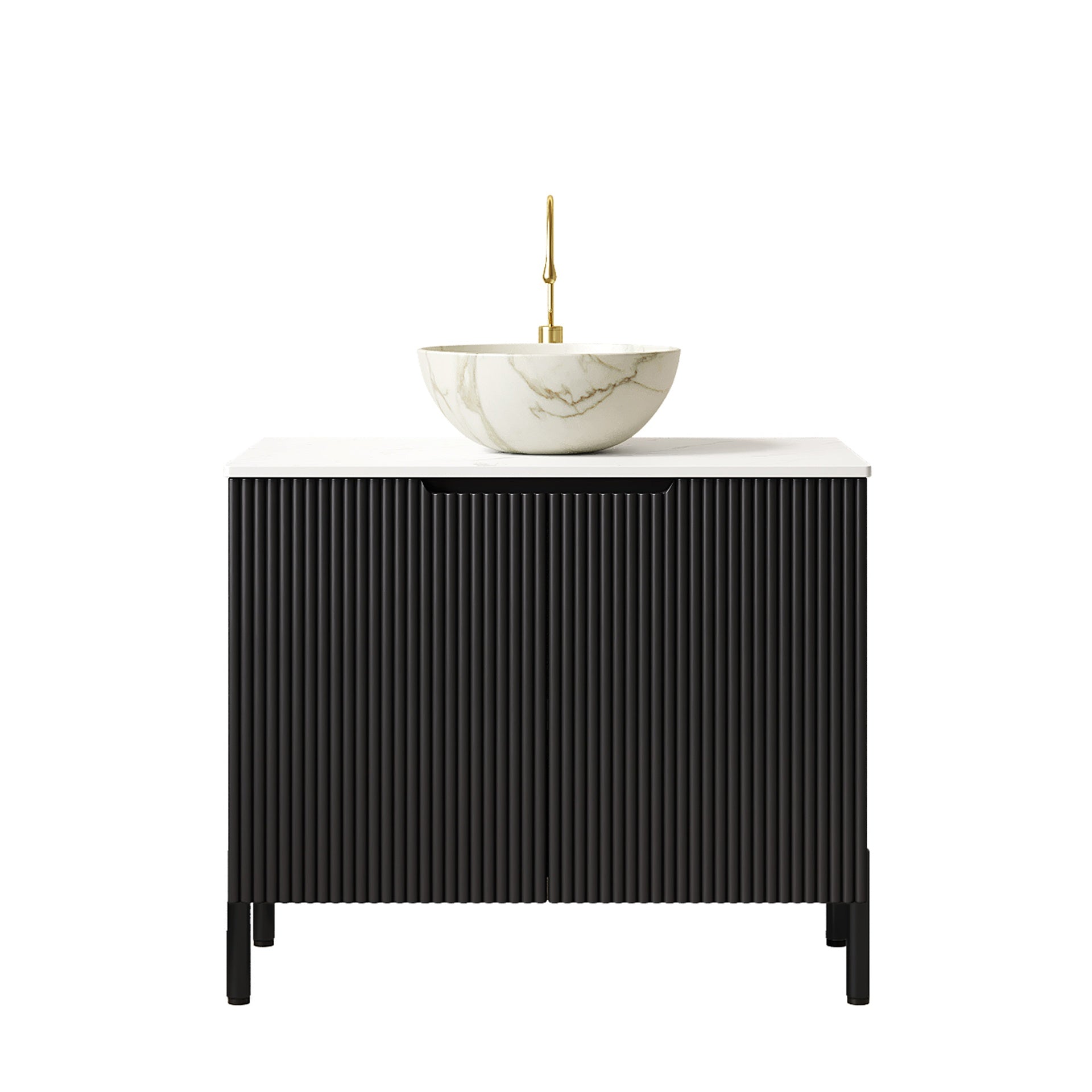 TURIO 30" Bathroom Vanity with Sink, Freestanding Bathroom Storage Cabinet with 2 Doors, White Bowl Ceramic Basin with Stone Pattern and Carrara White Sintered Stone Countertop, No Faucet, Black Color
