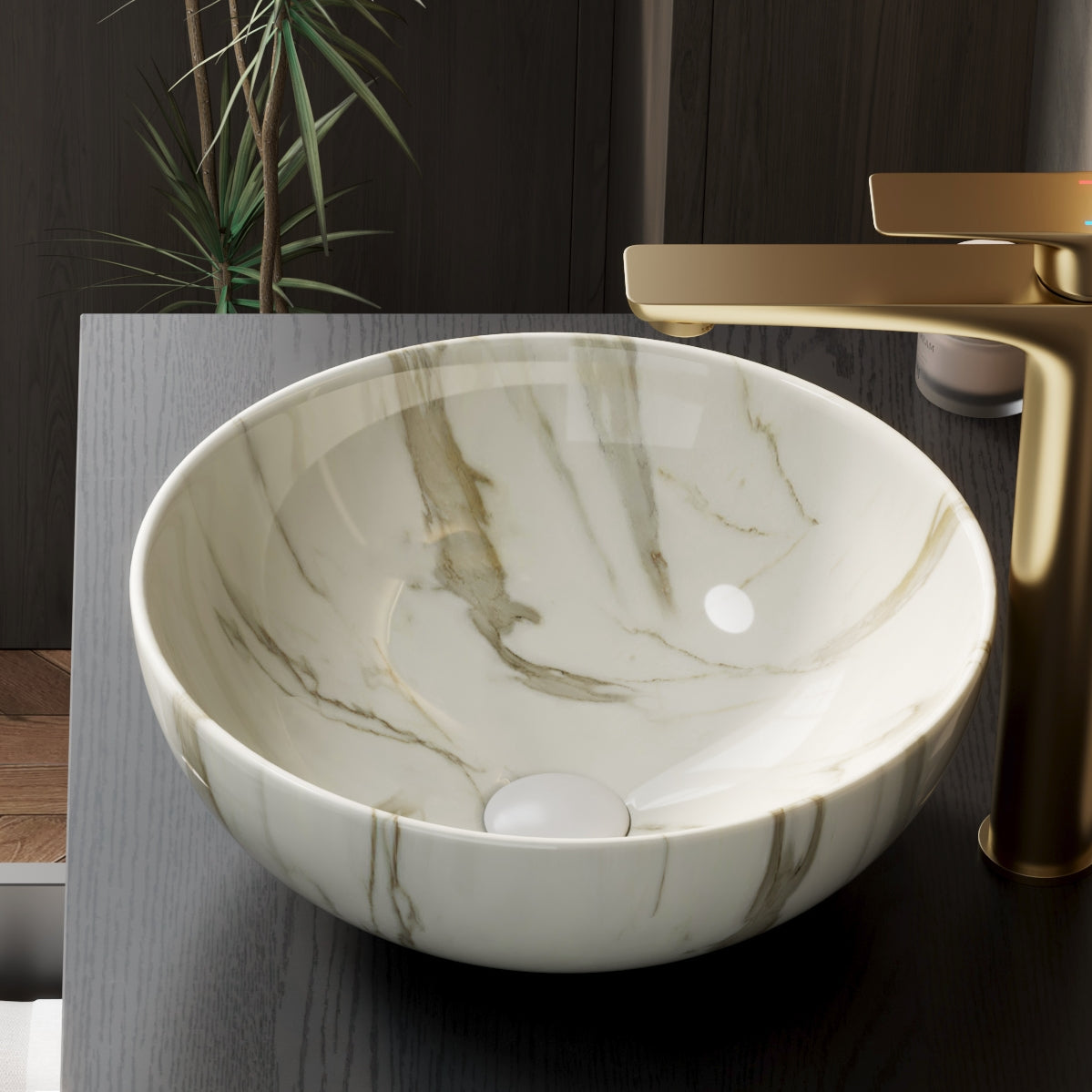 14'' Bathroom Sink, Bowl Vessel Ceramic Sink with Stone Pattern without Faucet, NO Cabinet, Matte White