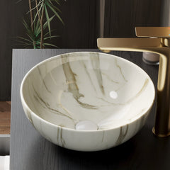 14'' Bathroom Sink, Bowl Vessel Ceramic Sink with Stone Pattern without Faucet, NO Cabinet, Matte White