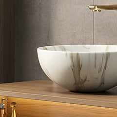 14'' Bathroom Sink, Bowl Vessel Ceramic Sink with Stone Pattern without Faucet, NO Cabinet, Matte White