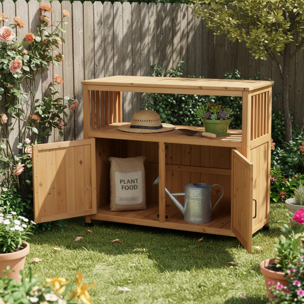 Wooden Patio Bar Table Set with Storage, Buffet Cabinet Sideboard for Outdoor and Indoor
