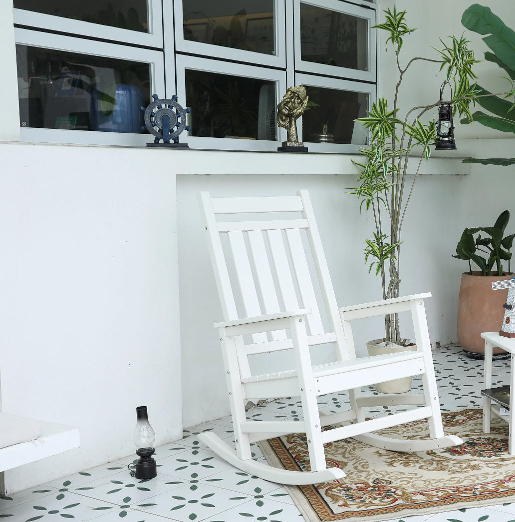 All Weather Rocking Chair Set with Side Table, 3-Piece Rocking Chair Set with Wood-Texture, White(includes 2 Rocking Chairs and 1 Table)