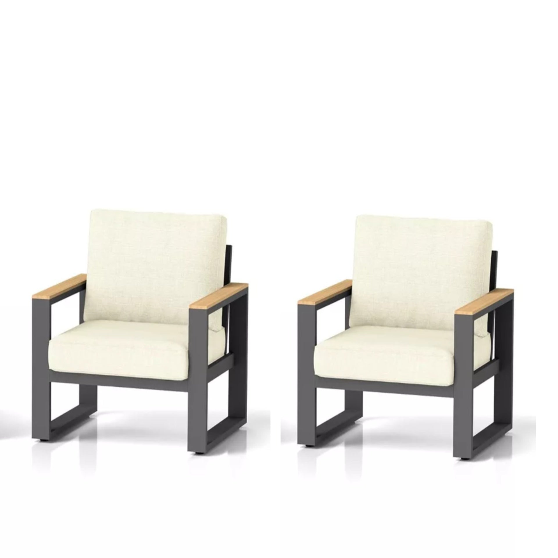 Set of 2 26.6" All-Weather Aluminum Patio Armchairs with Thick Beige Cushions