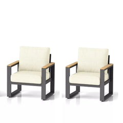 Set of 2 26.6" All-Weather Aluminum Patio Armchairs with Thick Beige Cushions