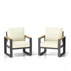 Set of 2 26.6" All-Weather Aluminum Patio Armchairs with Thick Beige Cushions