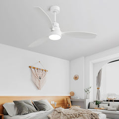 52 Inch Wooden Ceiling Fan White 3 Solid Wood Blades Remote Control Reversible DC Motor With Led Light