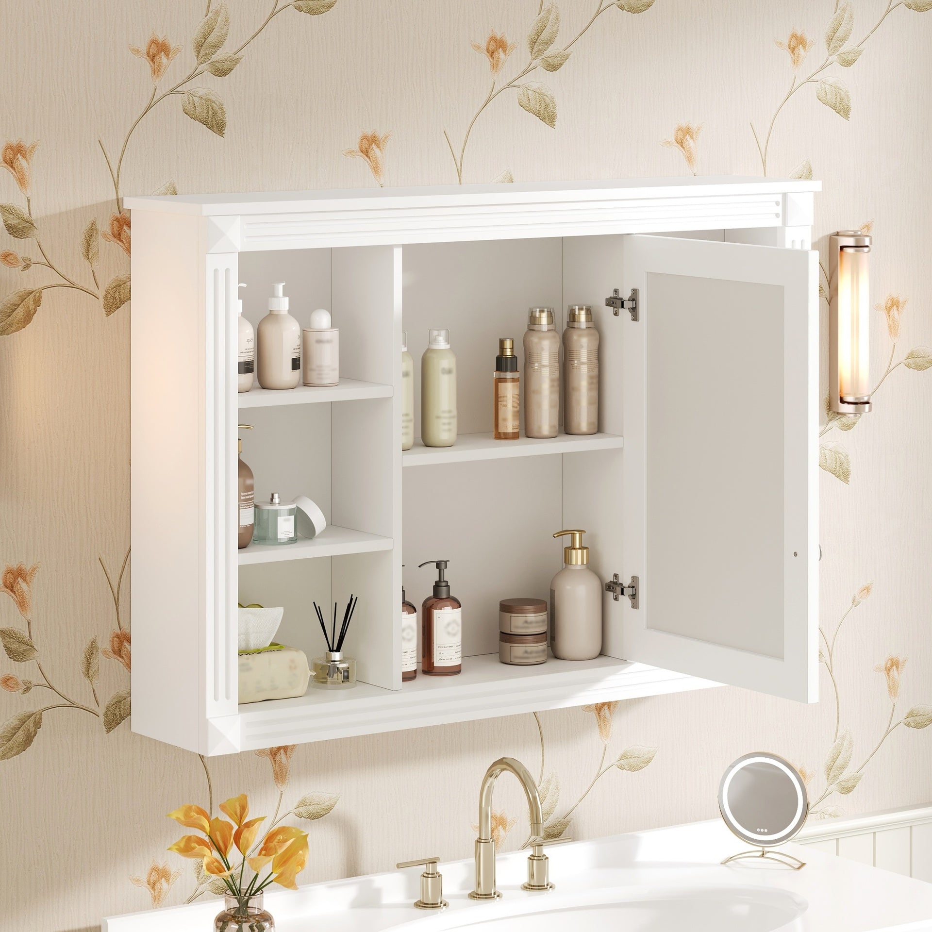 42'' Wall Mounted Bathroom Storage Cabinet, Medicine Cabinet, Modern Bathroom Wall Cabinet with Mirror, Mirror Cabinet with 6 Open Shelves (Not Include Bathroom Vanity )