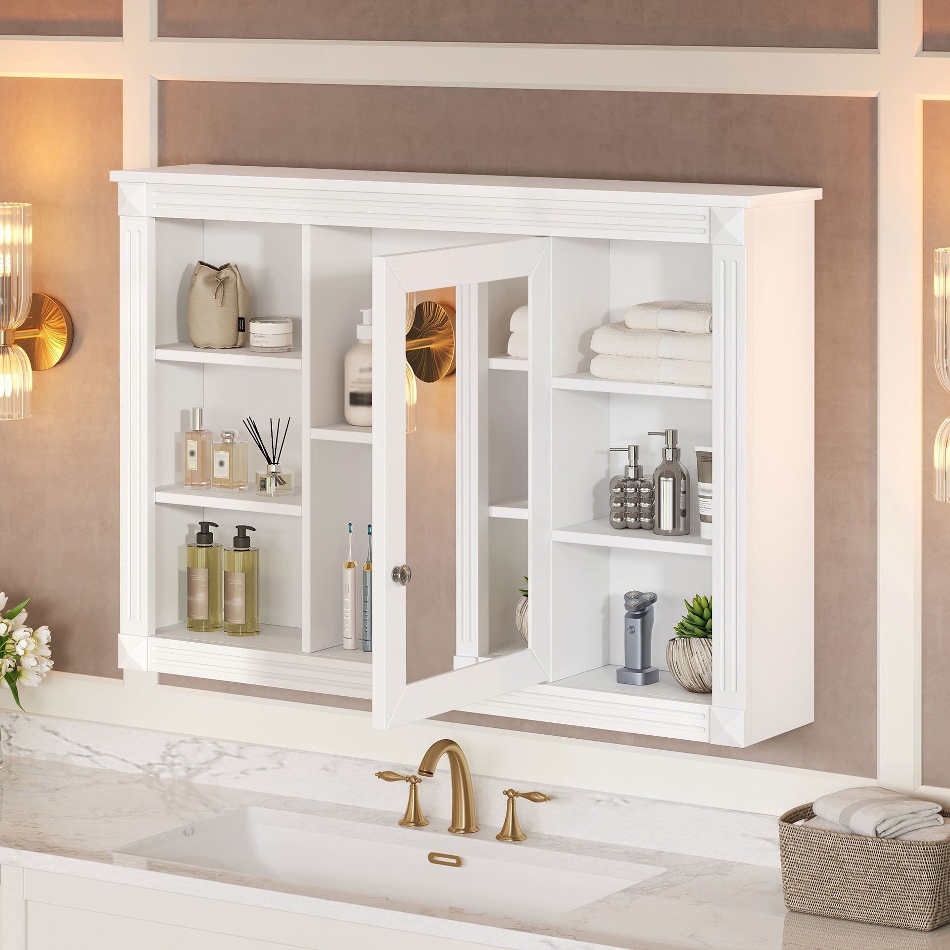 42'' Wall Mounted Bathroom Storage Cabinet, Medicine Cabinet, Modern Bathroom Wall Cabinet with Mirror, Mirror Cabinet with 6 Open Shelves (Not Include Bathroom Vanity )