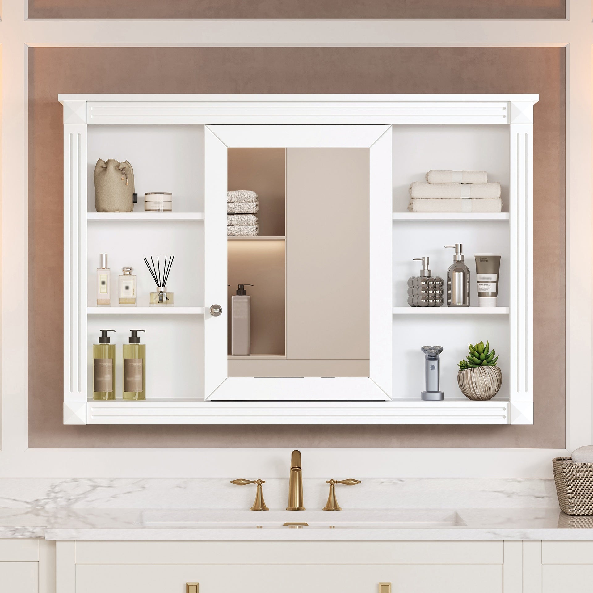 42'' Wall Mounted Bathroom Storage Cabinet, Medicine Cabinet, Modern Bathroom Wall Cabinet with Mirror, Mirror Cabinet with 6 Open Shelves (Not Include Bathroom Vanity )