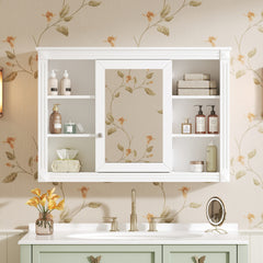 42'' Wall Mounted Bathroom Storage Cabinet, Medicine Cabinet, Modern Bathroom Wall Cabinet with Mirror, Mirror Cabinet with 6 Open Shelves (Not Include Bathroom Vanity )