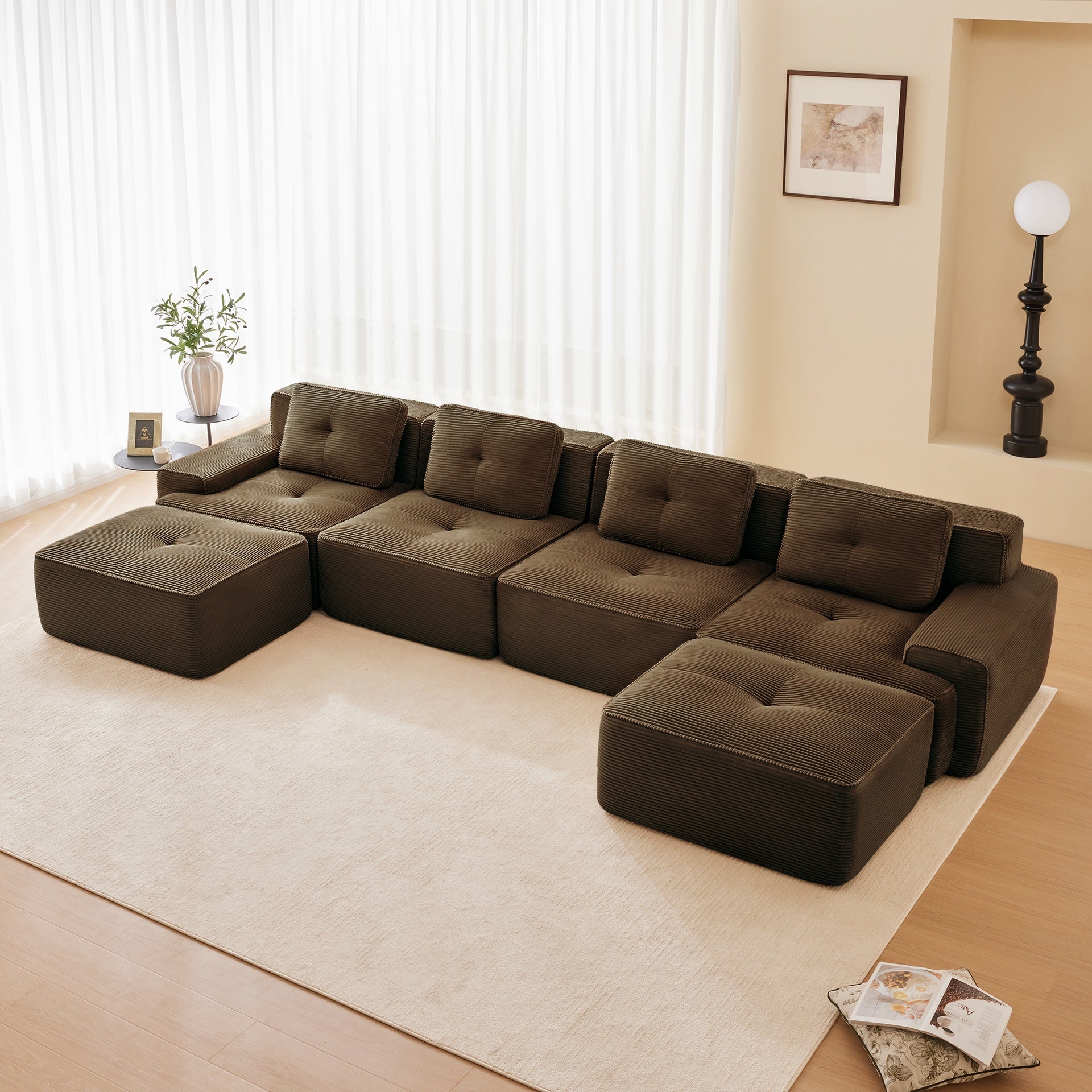 153" Modern U-Shaped Modular Sectional Sofa for Living Room, Corduroy Fabric,4-Seater Couch with Deep Seat and 2-Movable Ottoman,Pearl-like piping, Tufted Design, No Assembly, Anti-slip Design,Brown