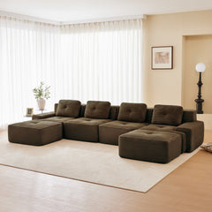 153" Modern U-Shaped Modular Sectional Sofa for Living Room, Corduroy Fabric,4-Seater Couch with Deep Seat and 2-Movable Ottoman,Pearl-like piping, Tufted Design, No Assembly, Anti-slip Design,Brown