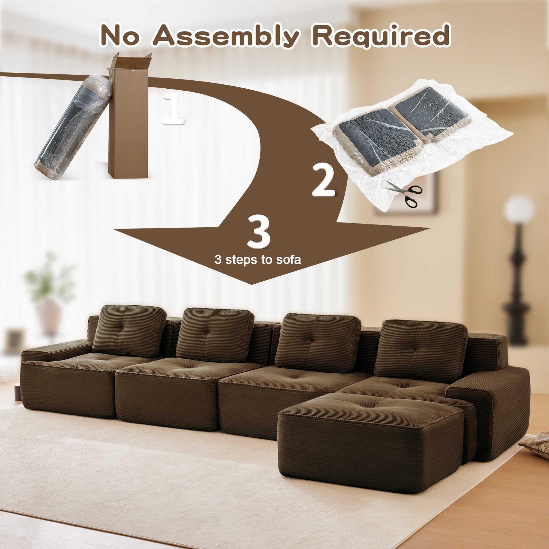 153" Modern L-Shaped Modular Sectional Sofa for Living Room, Corduroy Fabric, 4-Seater Couch with Deep Seat and Movable Ottoman, Pearl-like piping, Tufted Design, No Assembly, Anti-slip Design,Brown