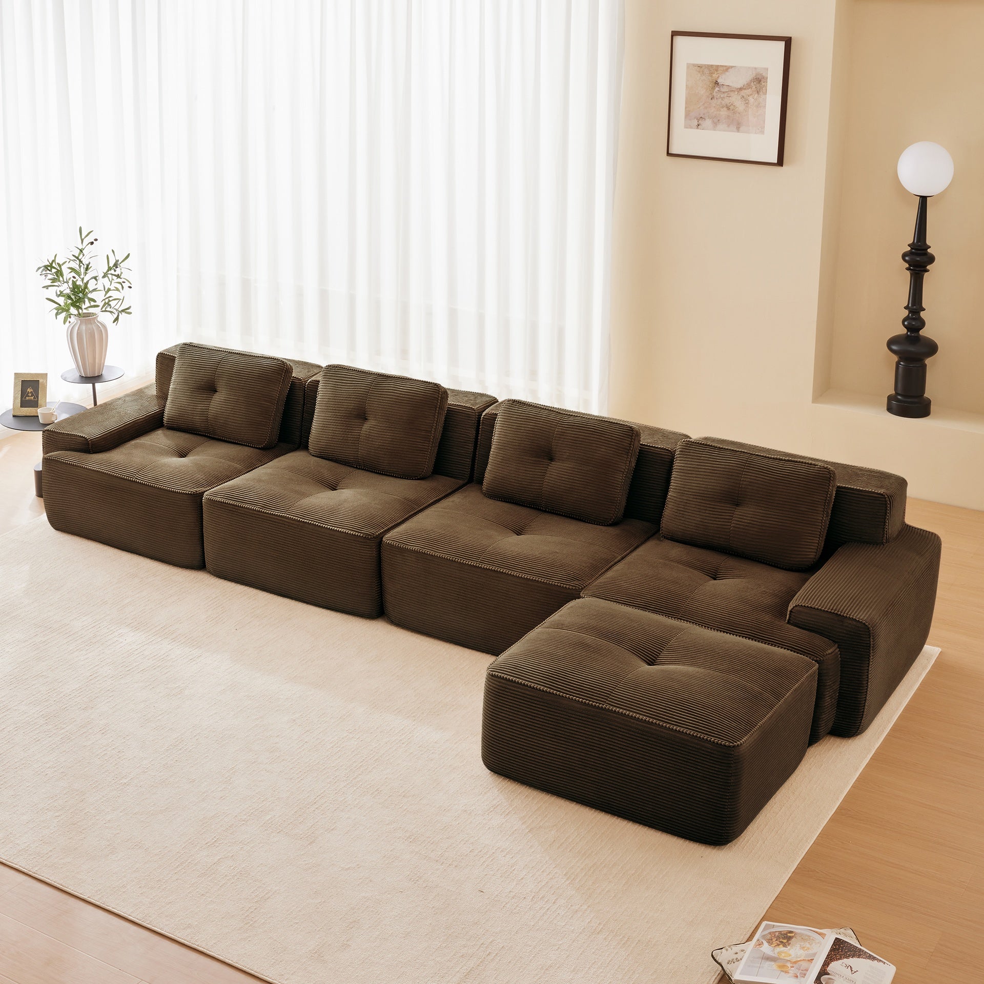 153" Modern L-Shaped Modular Sectional Sofa for Living Room, Corduroy Fabric, 4-Seater Couch with Deep Seat and Movable Ottoman, Pearl-like piping, Tufted Design, No Assembly, Anti-slip Design,Brown