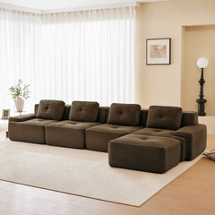 153" Modern L-Shaped Modular Sectional Sofa for Living Room, Corduroy Fabric, 4-Seater Couch with Deep Seat and Movable Ottoman, Pearl-like piping, Tufted Design, No Assembly, Anti-slip Design,Brown