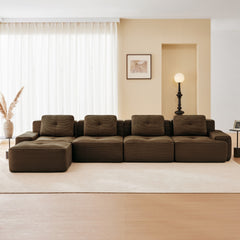 153" Modern L-Shaped Modular Sectional Sofa for Living Room, Corduroy Fabric, 4-Seater Couch with Deep Seat and Movable Ottoman, Pearl-like piping, Tufted Design, No Assembly, Anti-slip Design,Brown