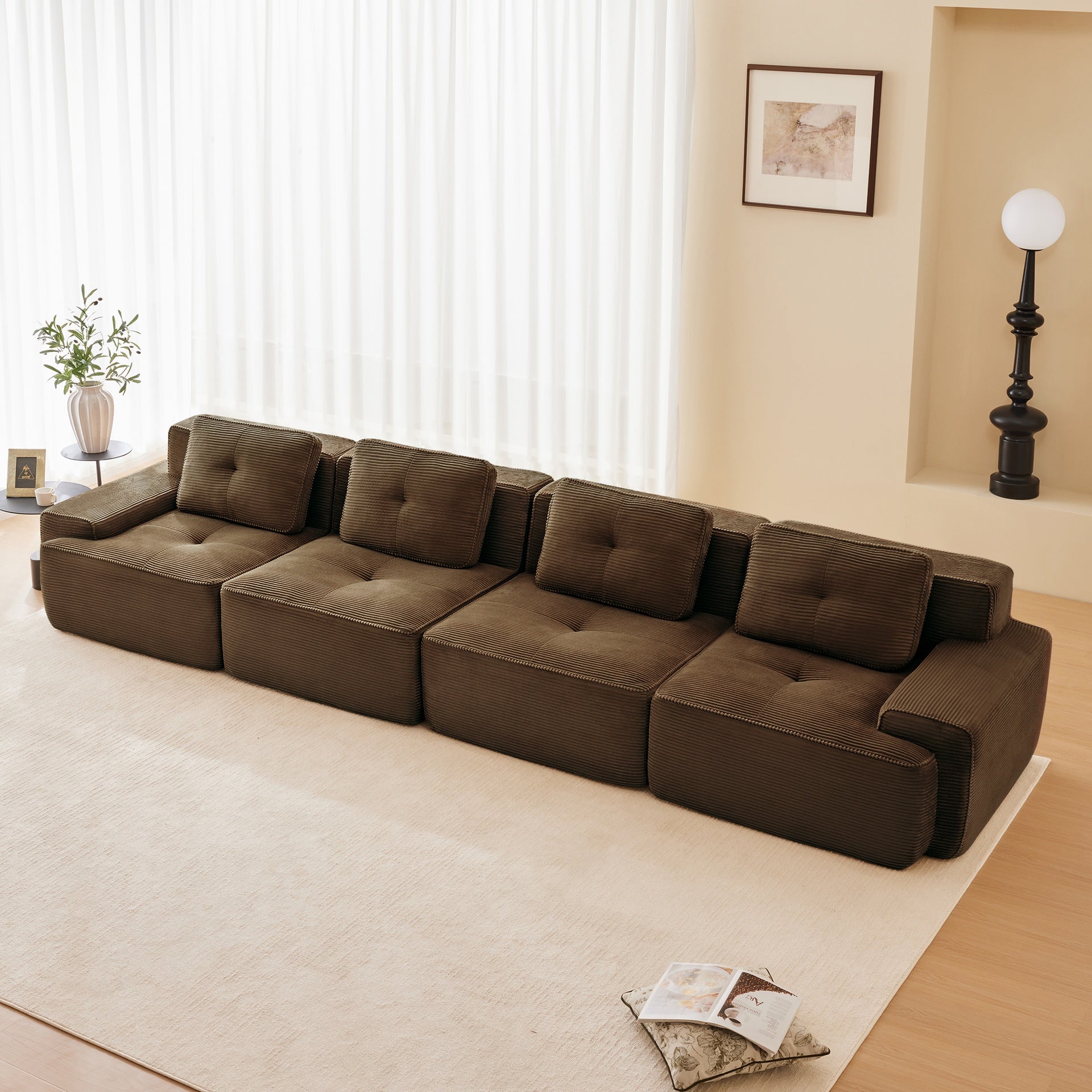 153" Modern Modular Sectional Sofa for Living Room, Corduroy Fabric,4-Seater Couch with Deep Seat, Pearl-like piping, Tufted Design, Buckle connection, No Assembly, Anti-slip Design, Brown