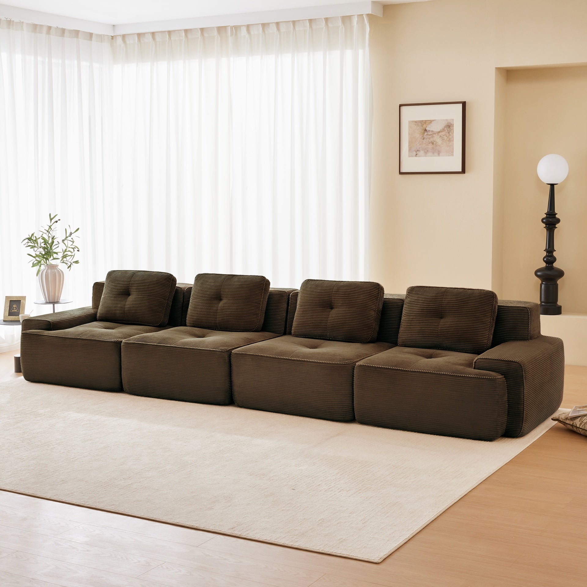 153" Modern Modular Sectional Sofa for Living Room, Corduroy Fabric,4-Seater Couch with Deep Seat, Pearl-like piping, Tufted Design, Buckle connection, No Assembly, Anti-slip Design, Brown