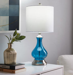 Jasmine 22" Contemporary Glass Accent Lamp in Clear Sapphire Blue Seeded Glass, Brushed Nickel and White Linen Shade from Grandview Gallery by LumiSource