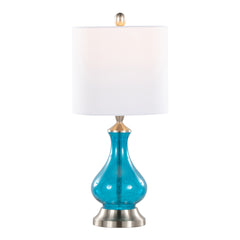 Jasmine 22" Contemporary Glass Accent Lamp in Clear Sapphire Blue Seeded Glass, Brushed Nickel and White Linen Shade from Grandview Gallery by LumiSource