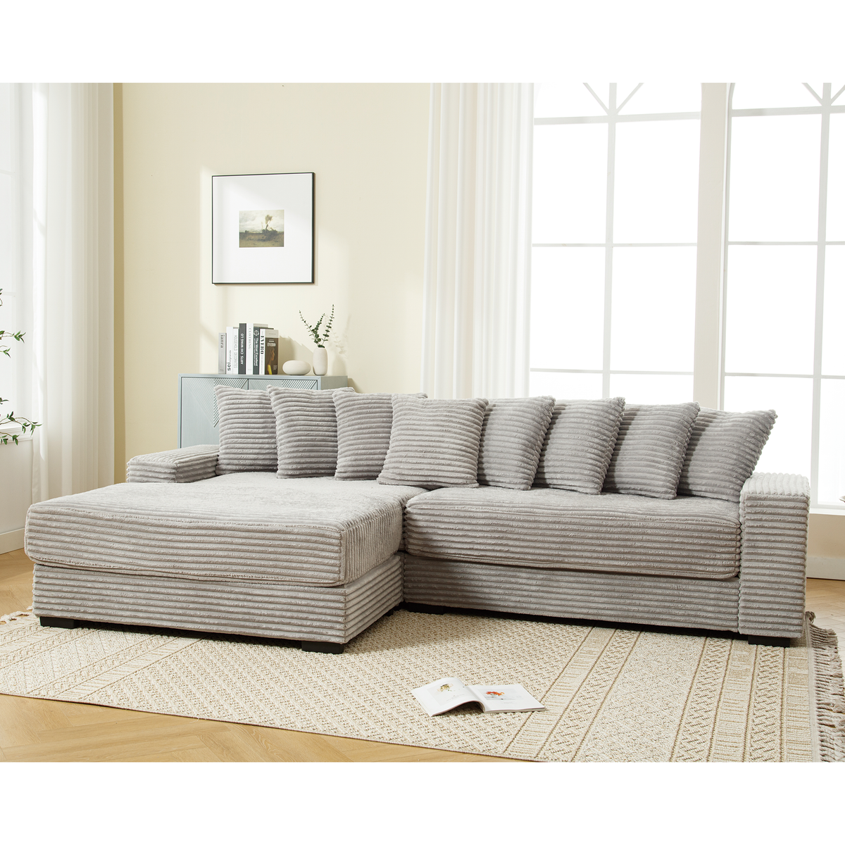 [NEW ARRIVED] [VIDEO PROVIDED] Oversized Two-Piece  Couches,  L Shaped Sofa, Corduroy, Left Chaise Daybed,with Armrests,Eight Throw Pillows,Corner Sofa,Easy To Assemble,  Gray