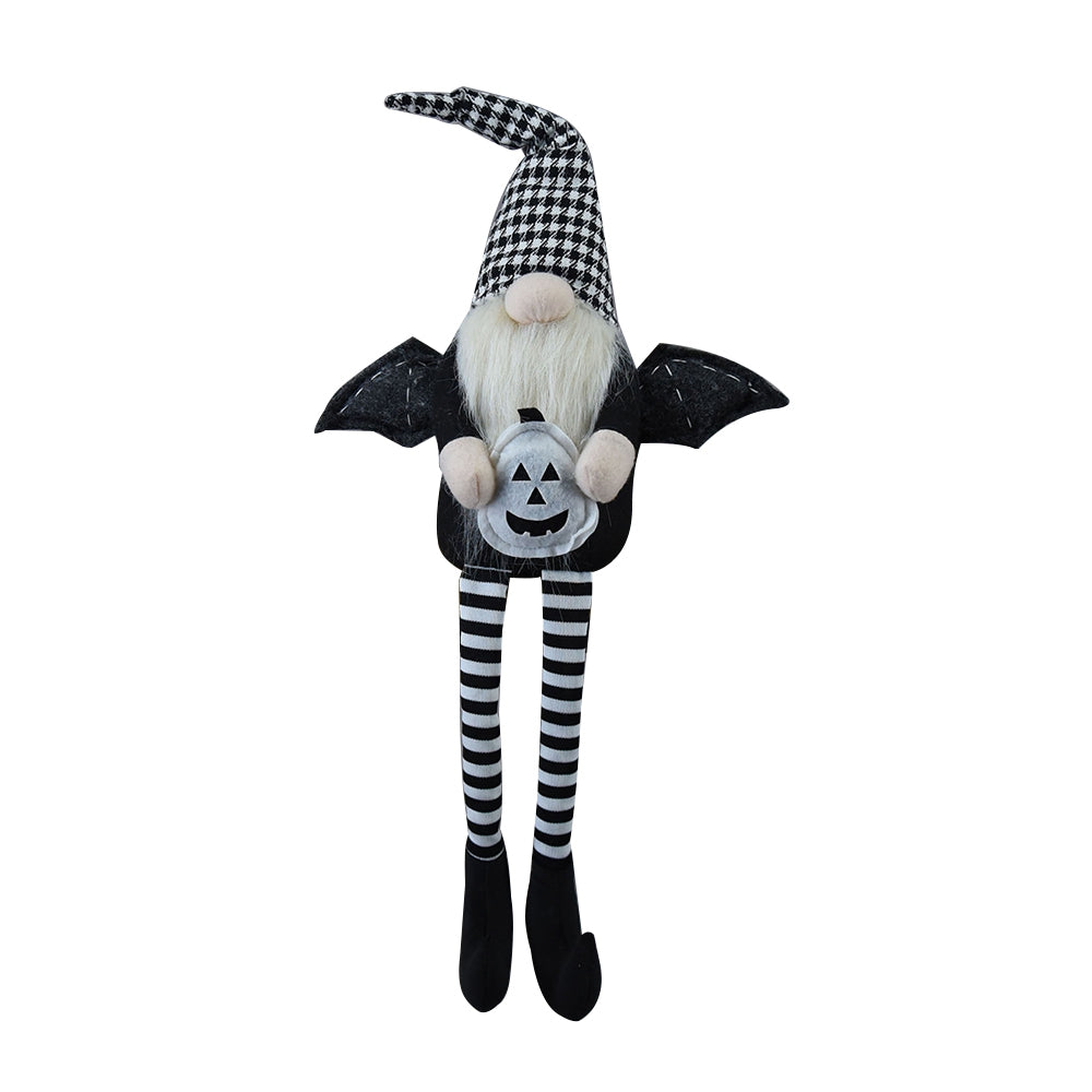 Set of 2, 4.3x3.5x23.5" Fabric Sitting Black Gnome With Wings & Black-White Plaid Hat, for Halloween Decor