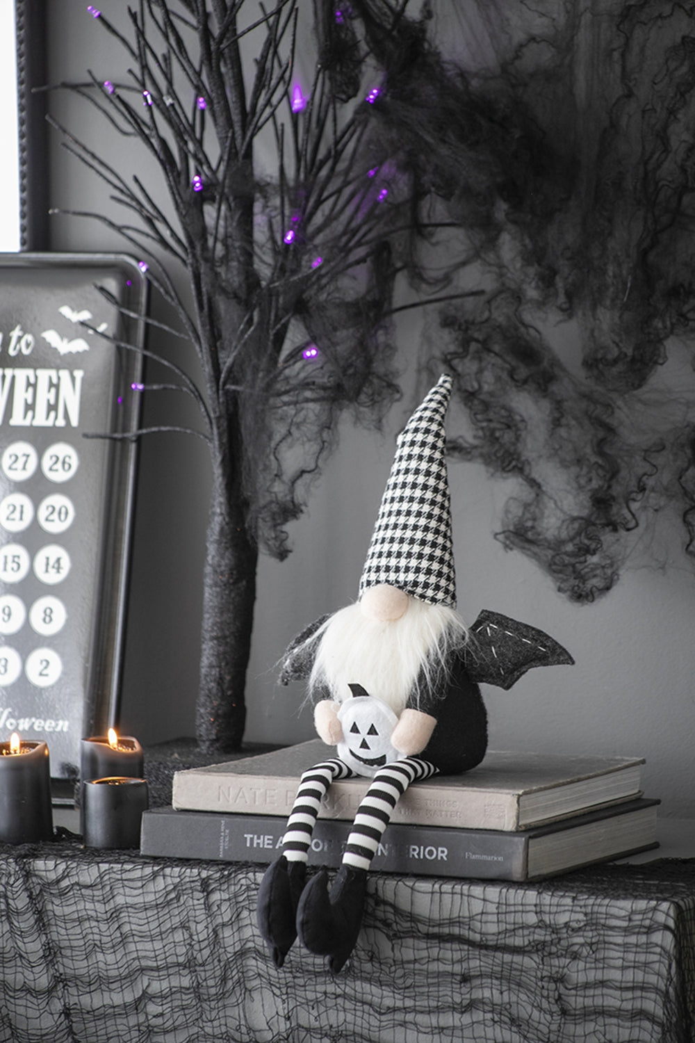 Set of 2, 4.3x3.5x23.5" Fabric Sitting Black Gnome With Wings & Black-White Plaid Hat, for Halloween Decor