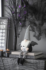 Set of 2, 4.3x3.5x23.5" Fabric Sitting Black Gnome With Wings & Black-White Plaid Hat, for Halloween Decor