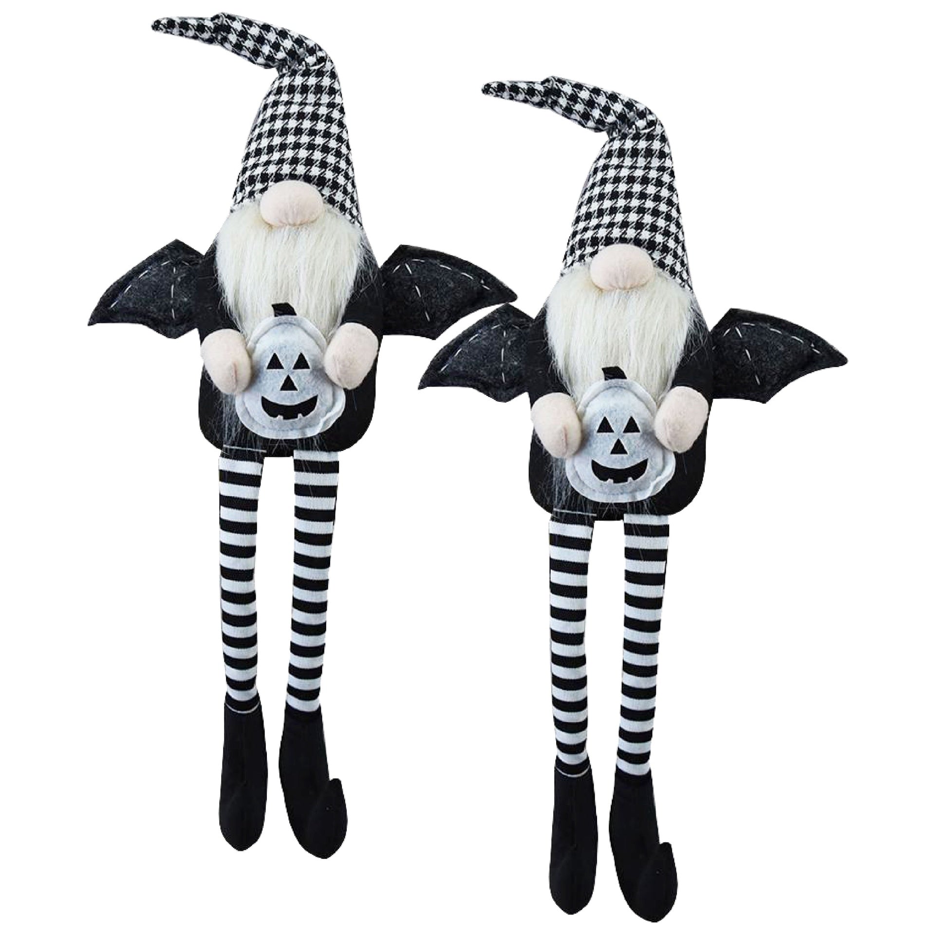 Set of 2, 4.3x3.5x23.5" Fabric Sitting Black Gnome With Wings & Black-White Plaid Hat, for Halloween Decor