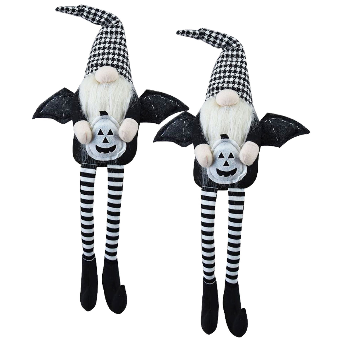 Set of 2, 4.3x3.5x23.5" Fabric Sitting Black Gnome With Wings & Black-White Plaid Hat, for Halloween Decor
