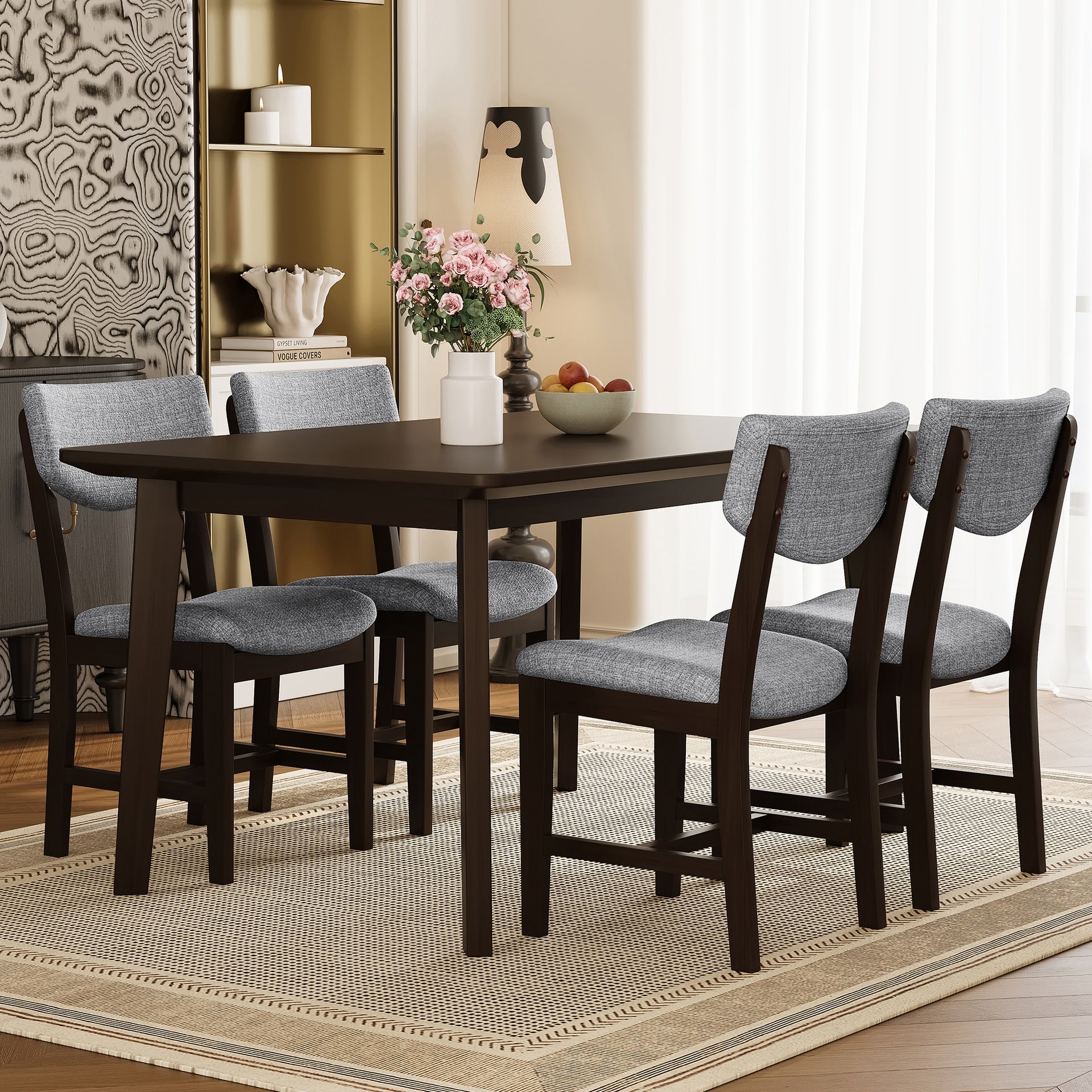 Rustic 5-Piece Dining Set - 1 Solid Wood Table + 4 Upholstered Chairs, Farmhouse-Style Dining Furniture for Kitchen & Dining Room, Minimalist Dining Set for 4, Espresso