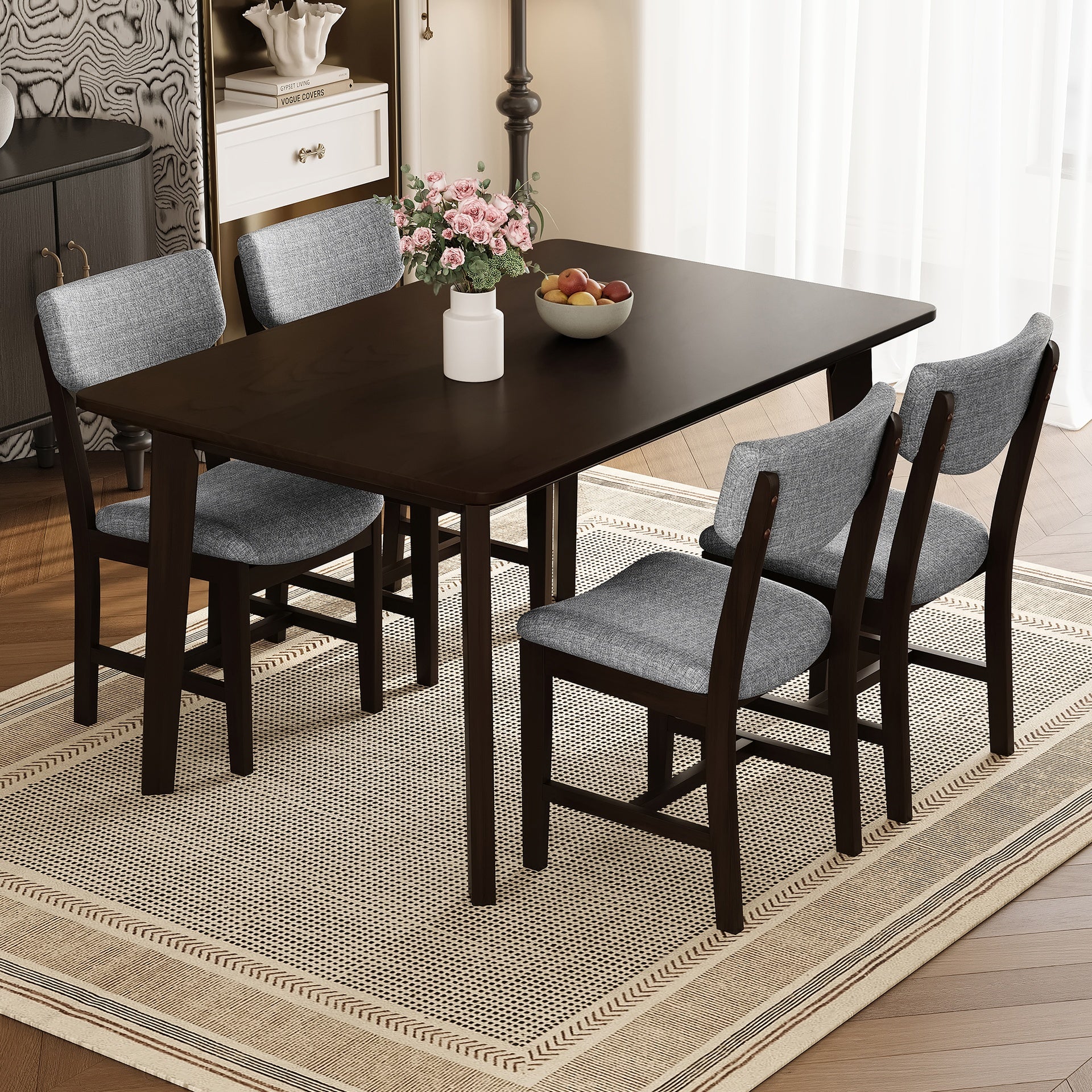 Rustic 5-Piece Dining Set - 1 Solid Wood Table + 4 Upholstered Chairs, Farmhouse-Style Dining Furniture for Kitchen & Dining Room, Minimalist Dining Set for 4, Espresso