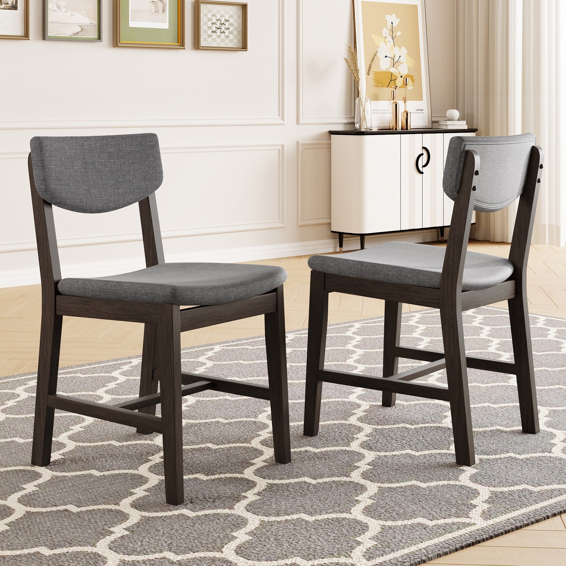 4-Piece Rustic Farmhouse Dining Chair - Solid Wood Frame with Gray Fabric Cushion, Upholstered Accent Chair for Kitchen, Dining Room, Living Room, Espresso