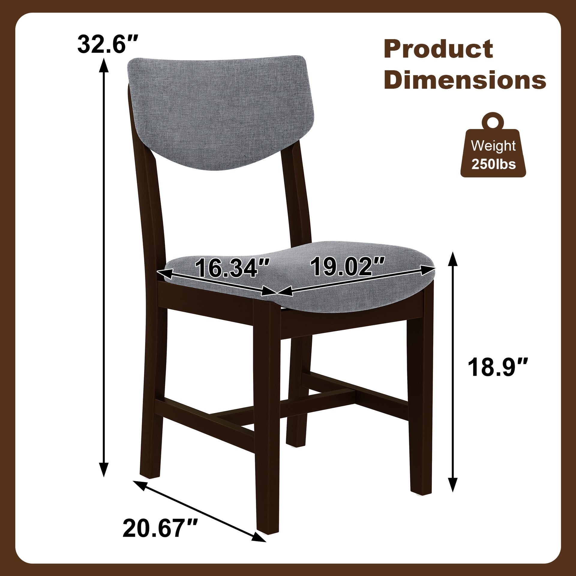 4-Piece Rustic Farmhouse Dining Chair - Solid Wood Frame with Gray Fabric Cushion, Upholstered Accent Chair for Kitchen, Dining Room, Living Room, Espresso