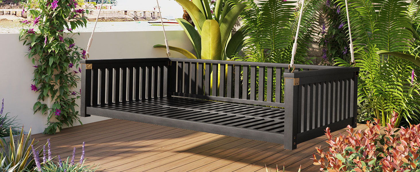 TOPMAX Patio Minimalist Twin Size Garden Swing Bed Wood Porch Swing with Ropes for Backyard, Safe Sloped Design, Black