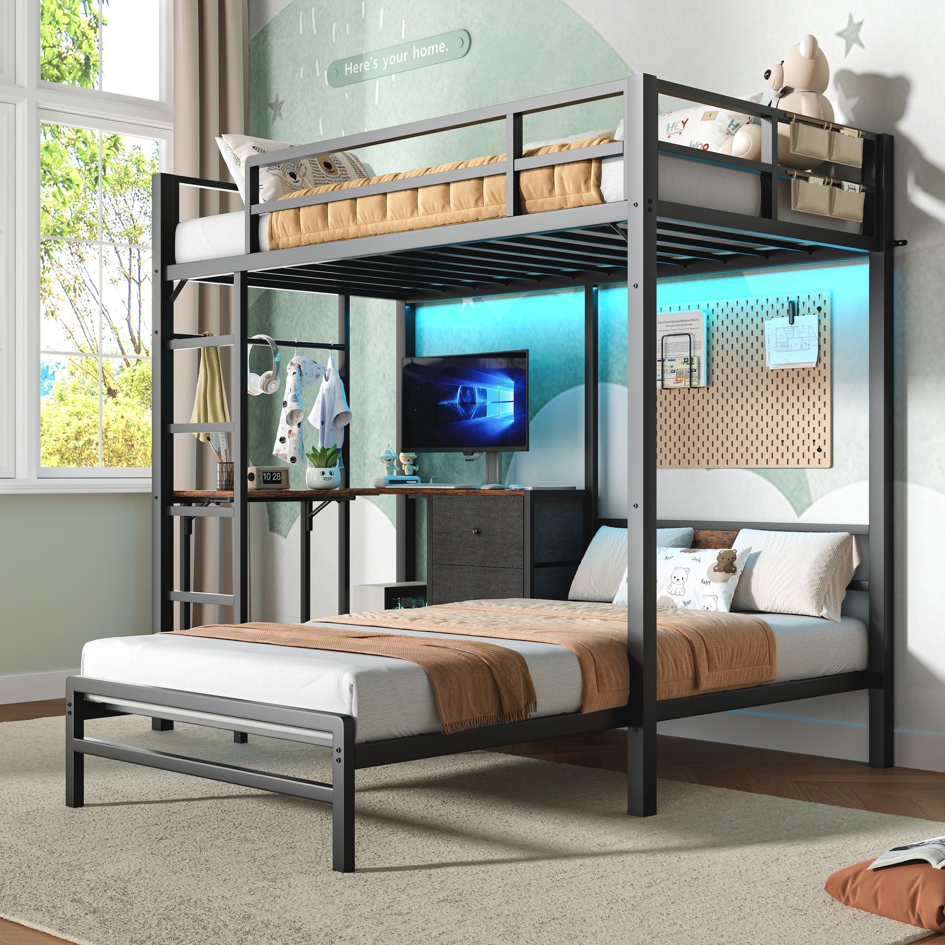 Bunk Bed with Folding Table, 3 storage drawers, made of metal, suitable for a single bed, equipped with LED lights and charging stations, bunk bed with safety railings and ladder, space-saving, black.
