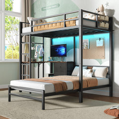 Bunk Bed with Folding Table, 3 storage drawers, made of metal, suitable for a single bed, equipped with LED lights and charging stations, bunk bed with safety railings and ladder, space-saving, black.