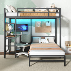Bunk Bed with Folding Table, 3 storage drawers, made of metal, suitable for a single bed, equipped with LED lights and charging stations, bunk bed with safety railings and ladder, space-saving, black.