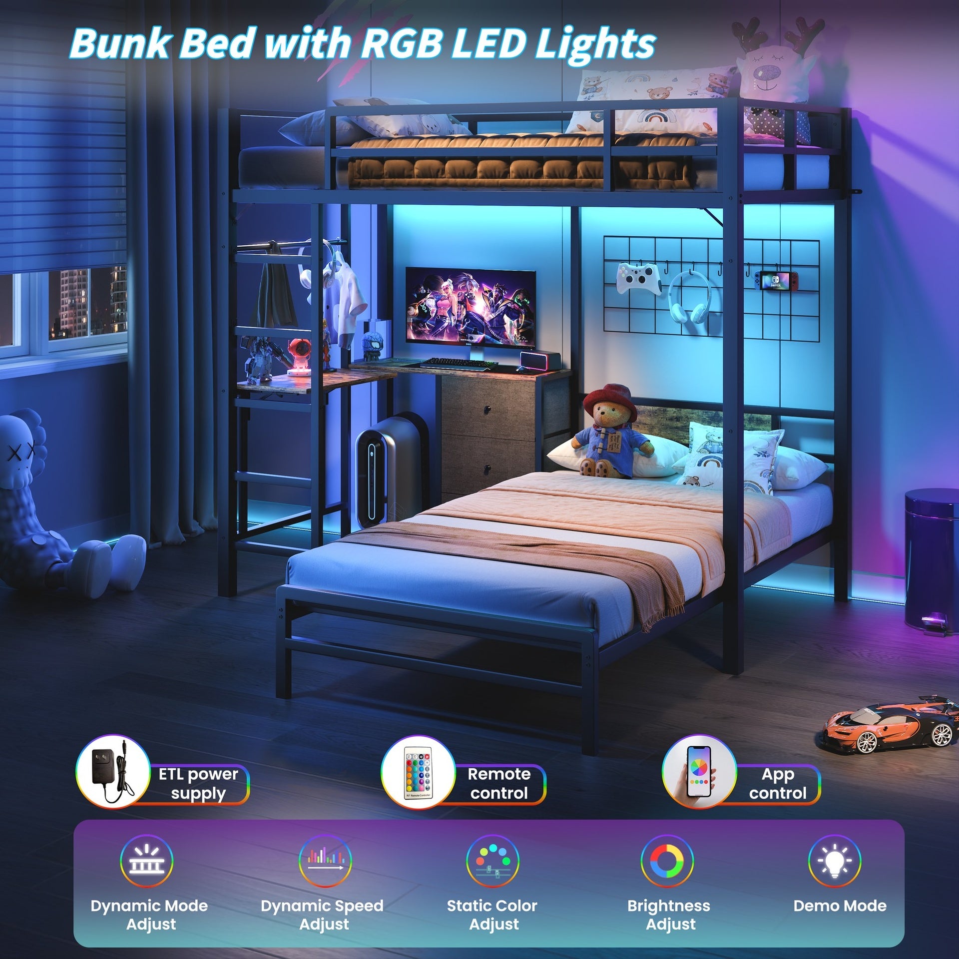 Bunk Bed with Folding Table, 3 storage drawers, made of metal, suitable for a single bed, equipped with LED lights and charging stations, bunk bed with safety railings and ladder, space-saving, black.