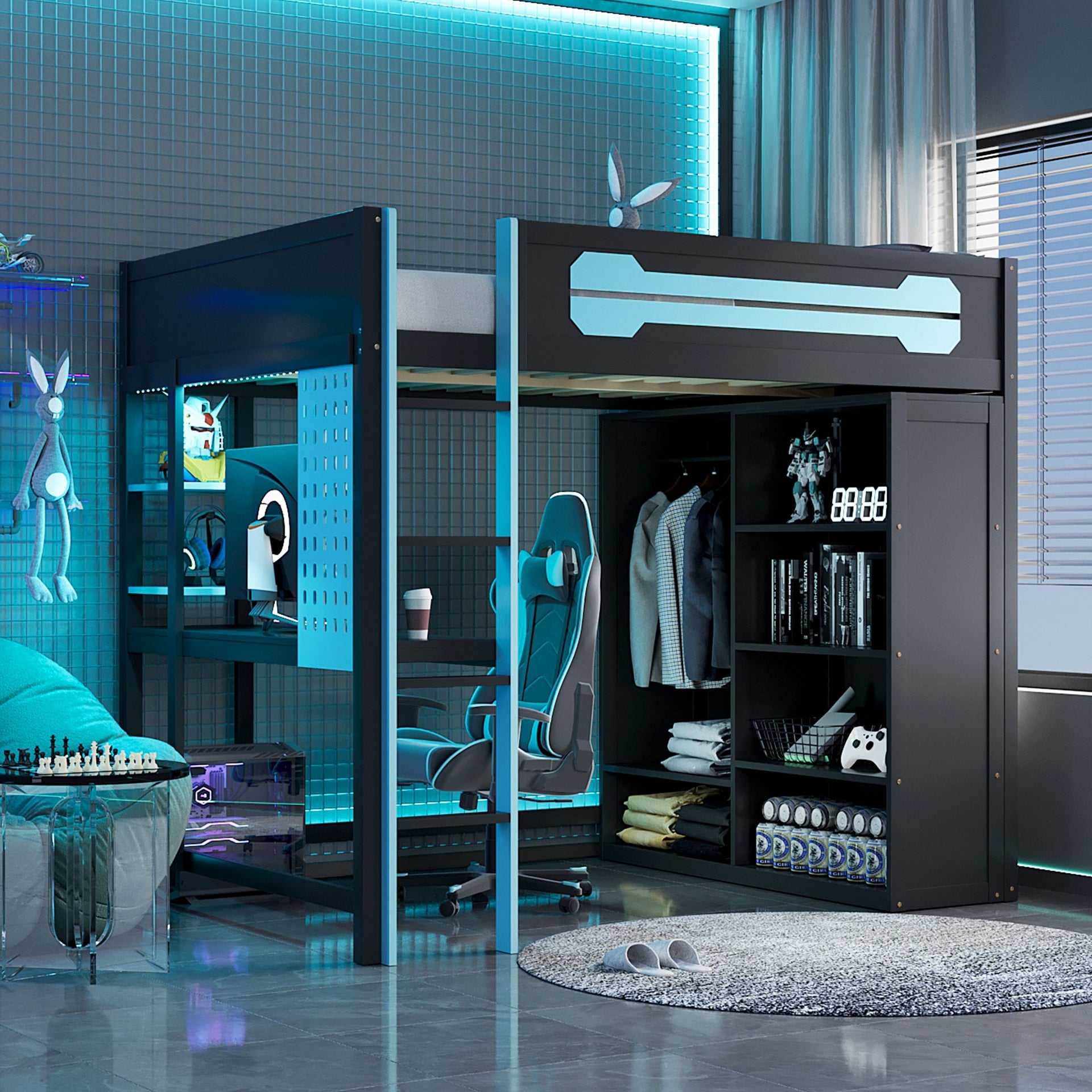 Full Size Wood Loft Bed with Desk, Open Wardrobe and RGB Light, Blue