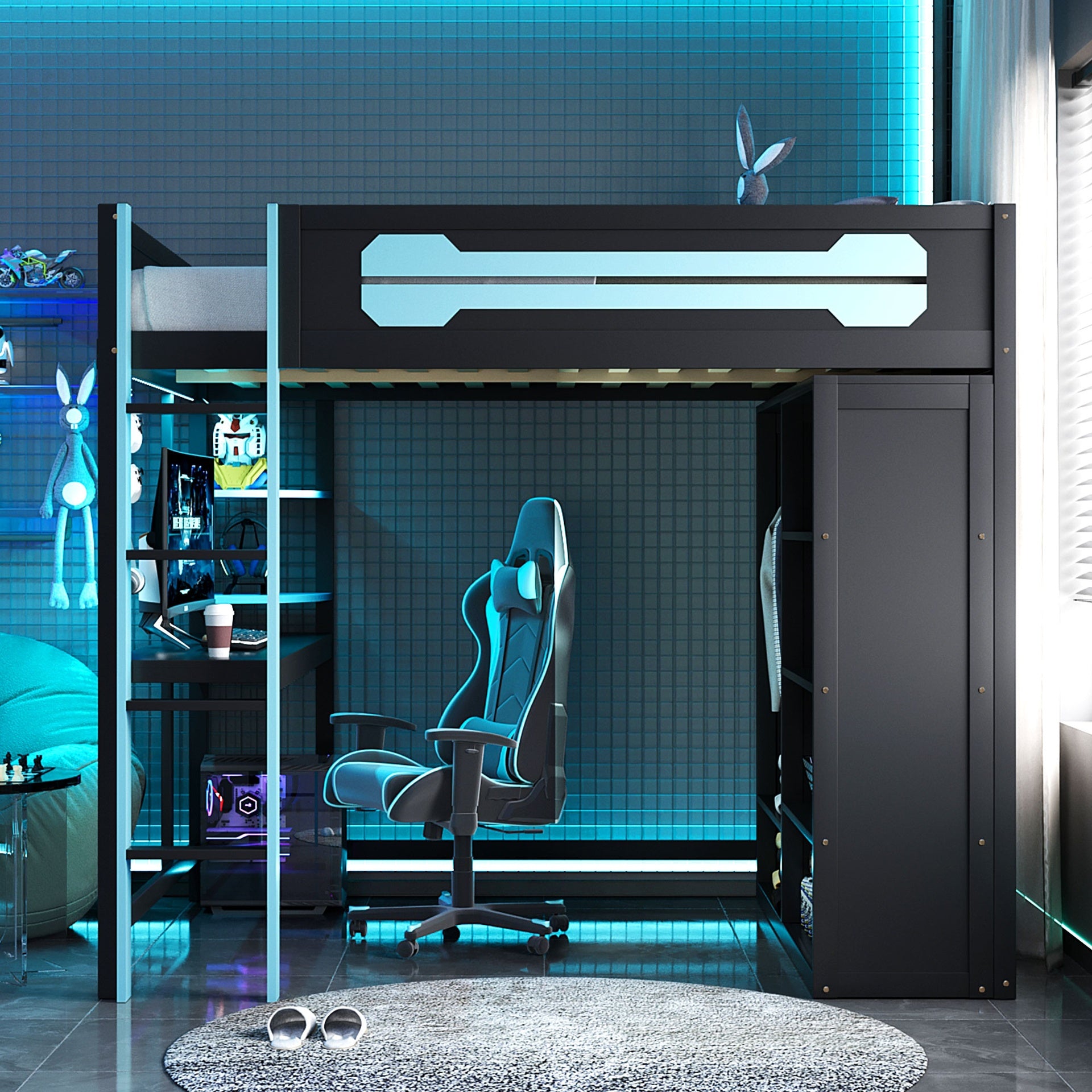 Full Size Wood Loft Bed with Desk, Open Wardrobe and RGB Light, Blue