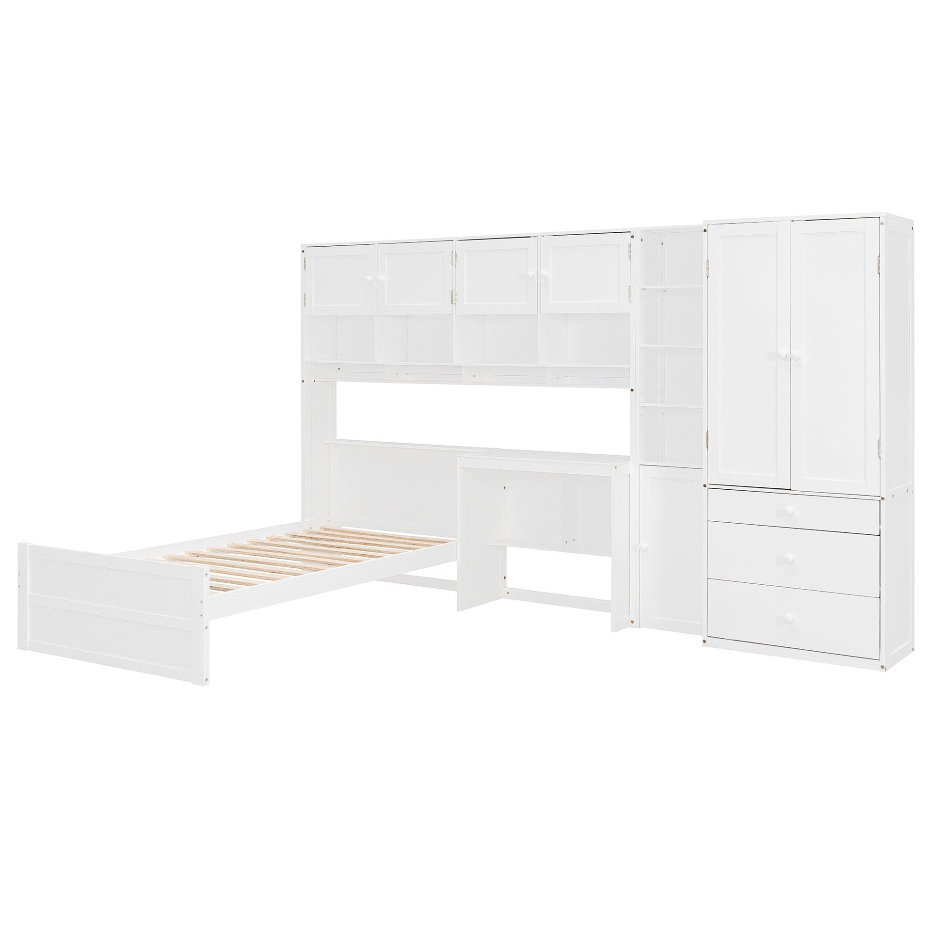 Wooden Twin Size Platform Bed with Desk, Wardrobe, Cabinets, Drawers, and Shelves, White