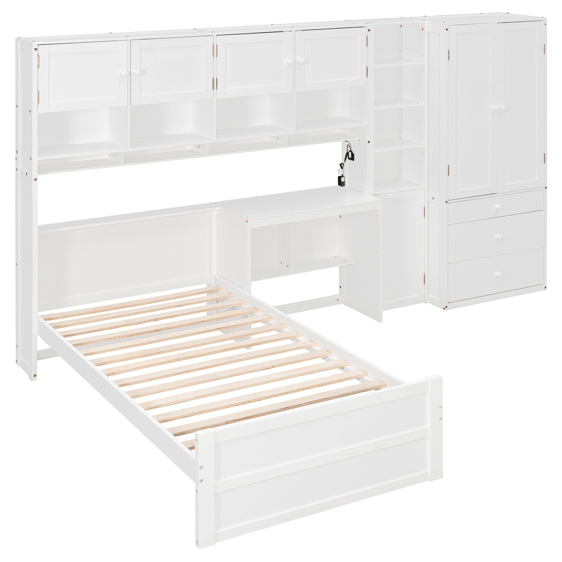 Wooden Twin Size Platform Bed with Desk, Wardrobe, Cabinets, Drawers, and Shelves, White