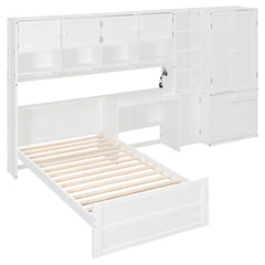 Wooden Twin Size Platform Bed with Desk, Wardrobe, Cabinets, Drawers, and Shelves, White