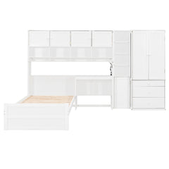 Wooden Twin Size Platform Bed with Desk, Wardrobe, Cabinets, Drawers, and Shelves, White