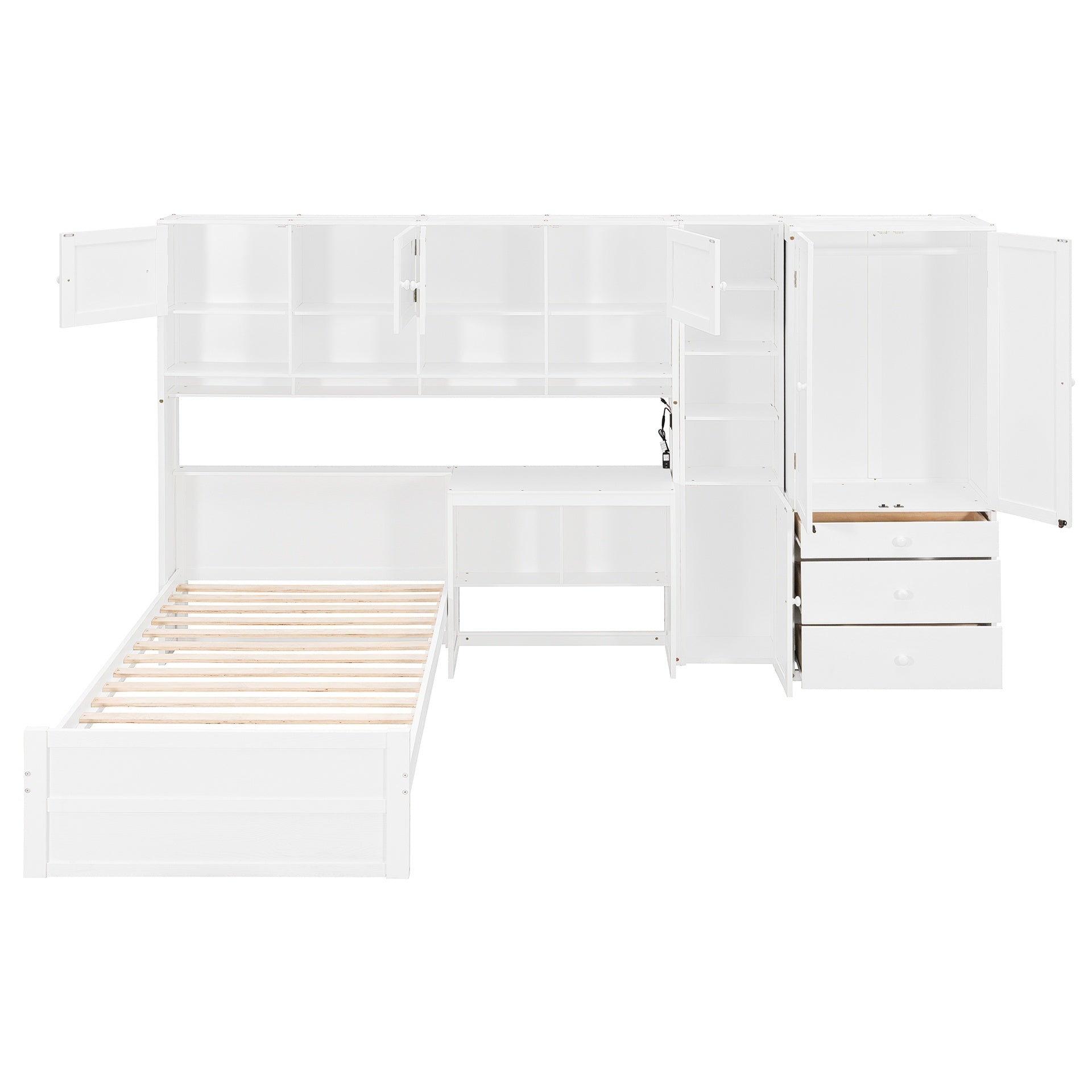 Wooden Twin Size Platform Bed with Desk, Wardrobe, Cabinets, Drawers, and Shelves, White